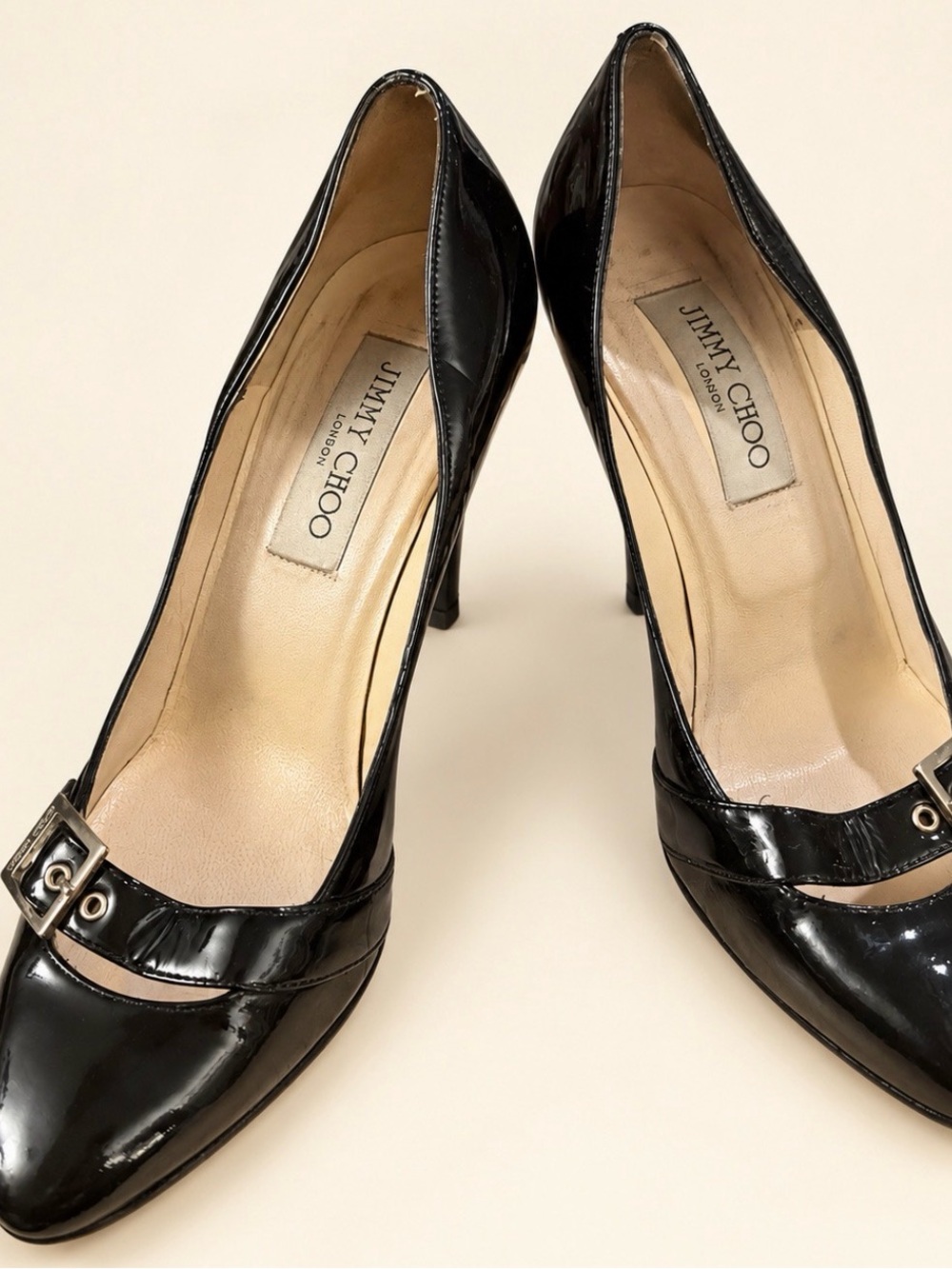 Jimmy Choo Black Patent Leather Pointed Mary Jane Heels with Buckle